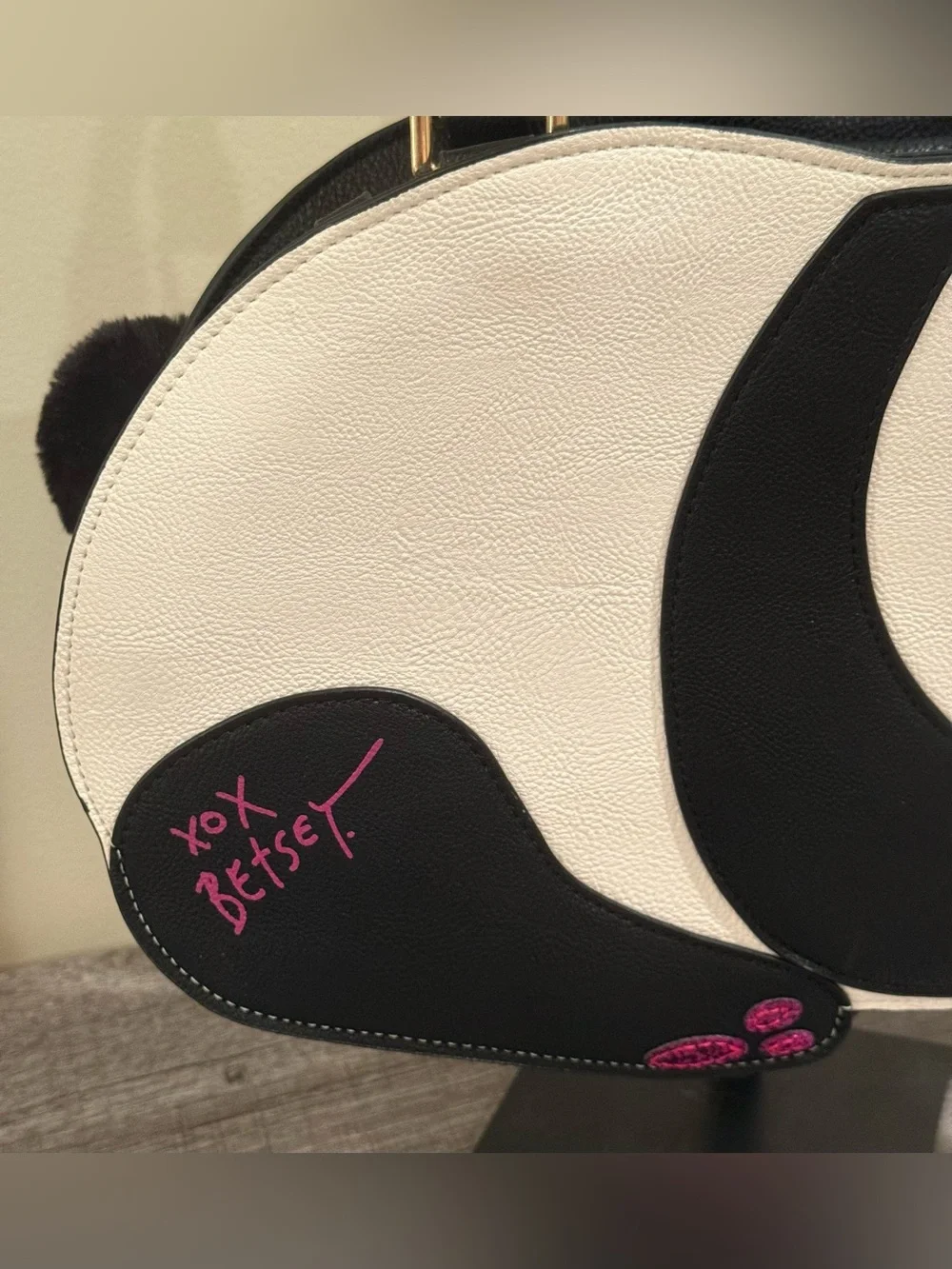 Betsey Johnson Panda Satchel Crossbody Bag Pom Pom Novelty Purse Black White - Picture 5 of 16